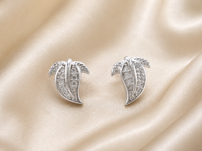 Silver Pave Leaf Paisley Studs