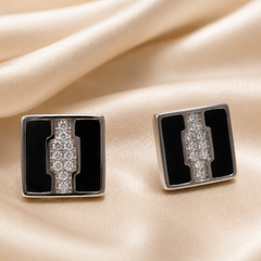 Silver Black Enamel Square CZ Bar Studs