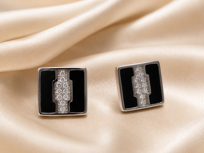 Silver Black Enamel Square CZ Bar Studs