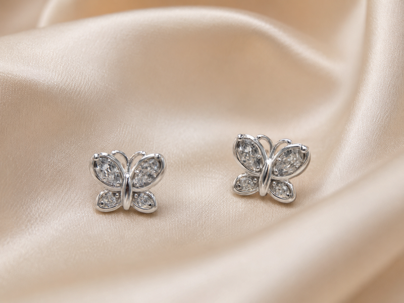 Silver Open-Wing Pave Butterfly Studs