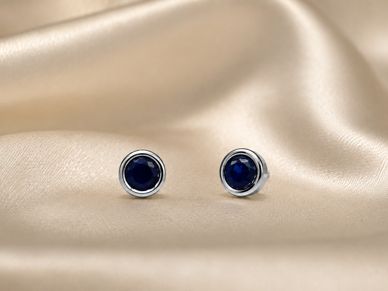 Silver Navy Round Bezel Solitaire Studs