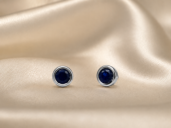 Silver Navy Round Bezel Solitaire Studs
