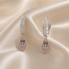 Silver Pink Enamel Bunny Figure Charm Huggies