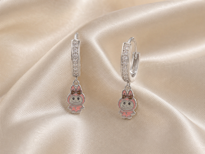 Silver Pink Enamel Bunny Figure Charm Huggies