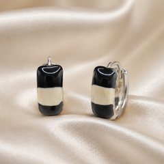 Silver Black & Cream Enamel Huggie Hoops