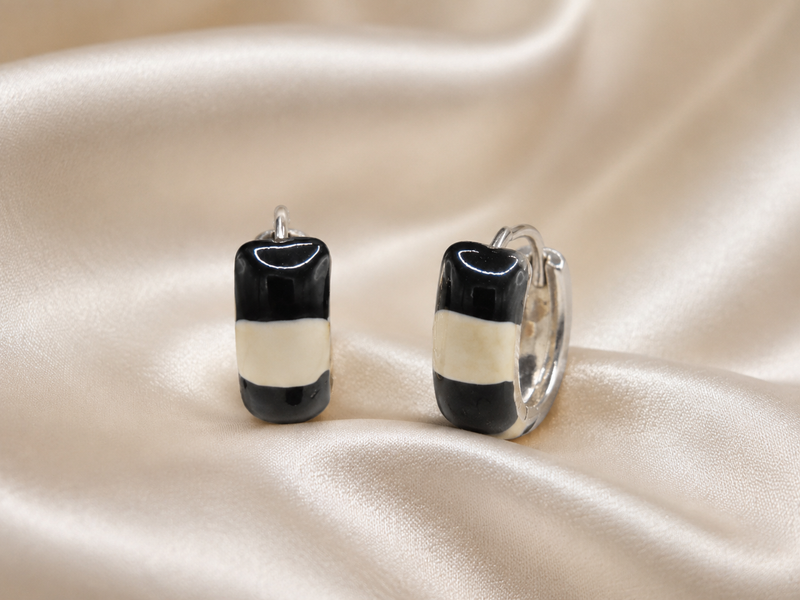 Silver Black & Cream Enamel Huggie Hoops