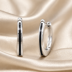 Silver Black Enamel Band Huggie Hoops