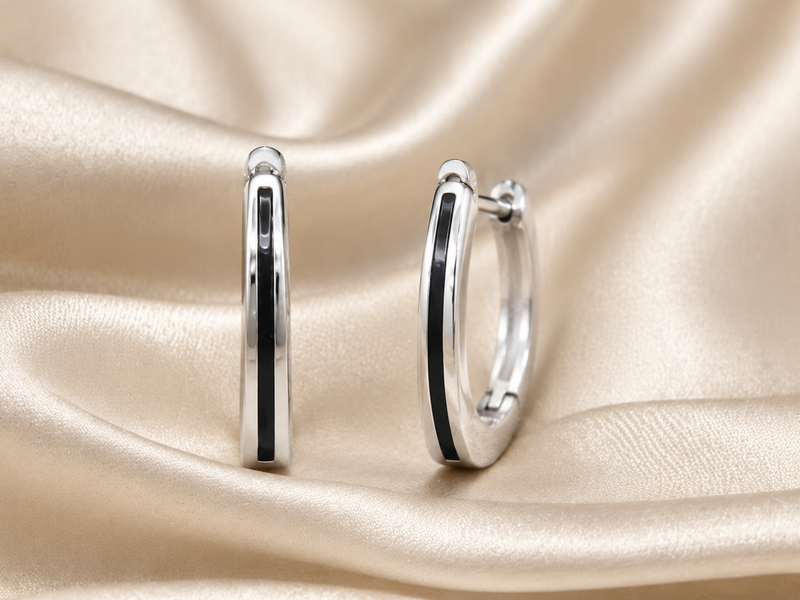 Silver Black Enamel Band Huggie Hoops