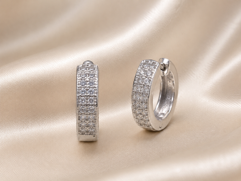 Silver Triple-Row Pave Huggie Hoops