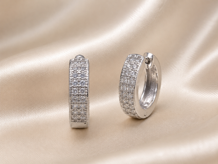Silver Triple-Row Pave Huggie Hoops