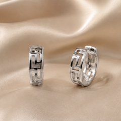 Silver Greek Key Cutwork Huggie Hoops