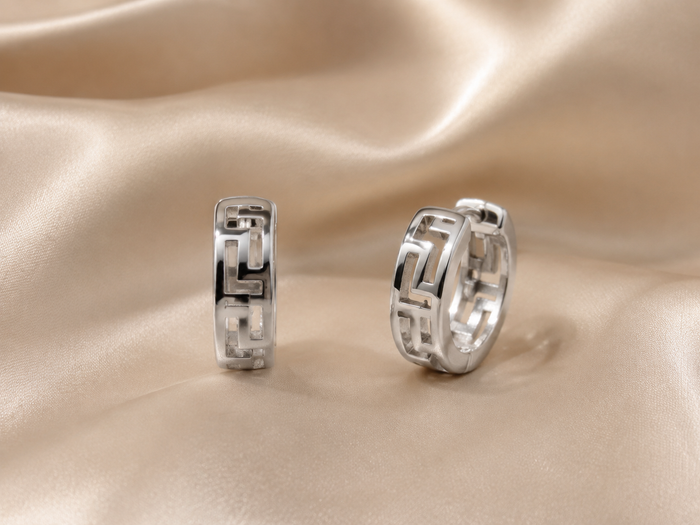 Silver Greek Key Cutwork Huggie Hoops