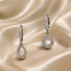 Silver Open Teardrop Pave Charm Huggies