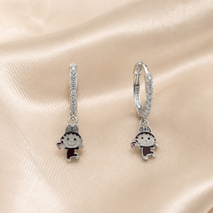 Silver Enamel Doll Charm Huggie Drops
