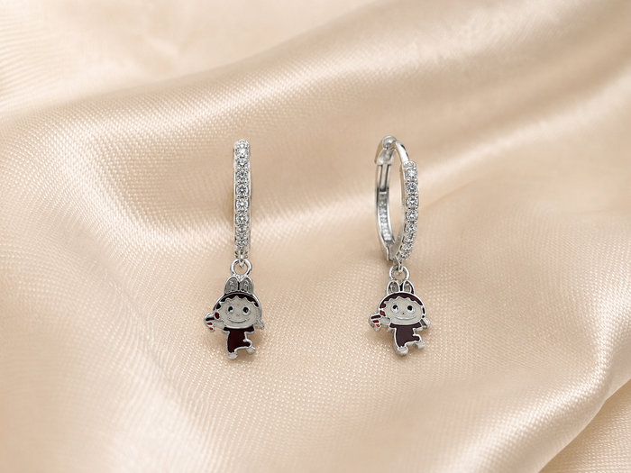 Silver Enamel Doll Charm Huggie Drops