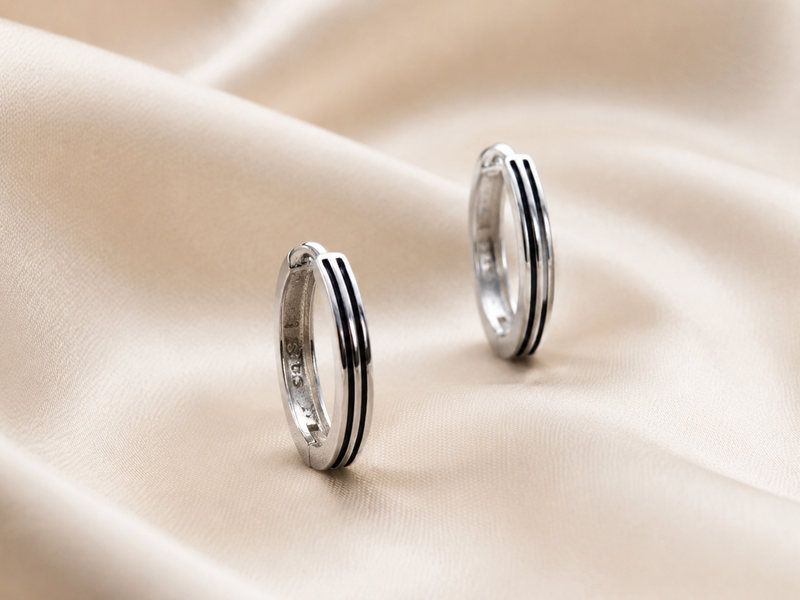 Silver Black Enamel Stripe Huggie Hoops