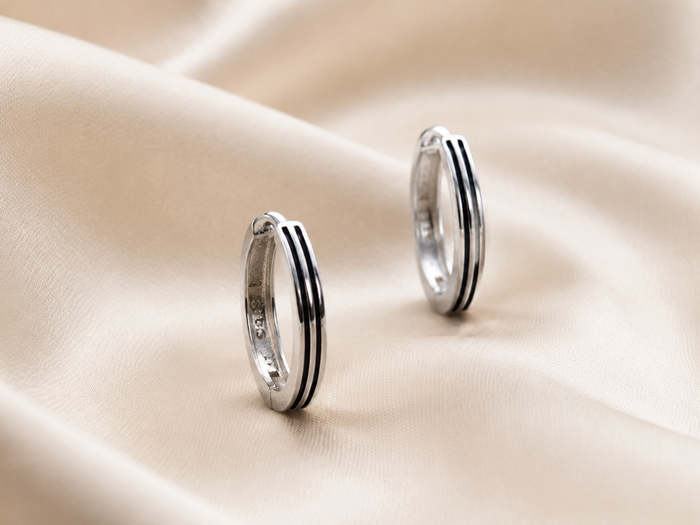 Silver Black Enamel Stripe Huggie Hoops