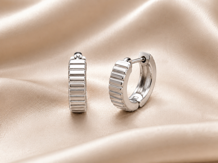 Silver Ribbed Fluted Huggie Hoops