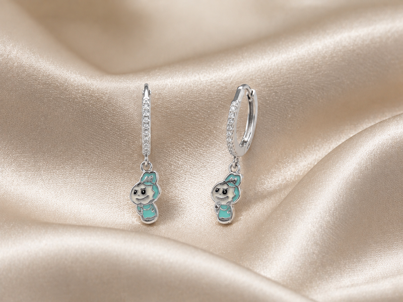 Silver Teal Enamel Bunny Charm Drop Huggies