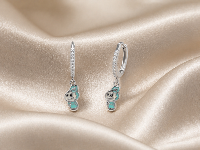 Silver Teal Enamel Bunny Charm Drop Huggies