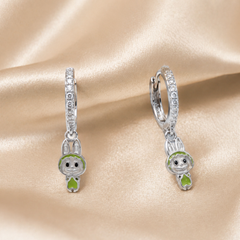 Silver Green Enamel Bunny Charm Huggies