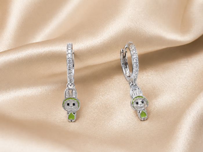 Silver Green Enamel Bunny Charm Huggies