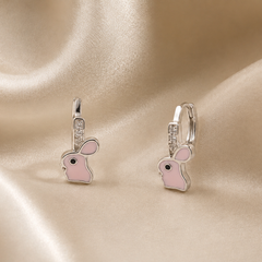 Silver Pink Enamel Bunny Charm Huggies