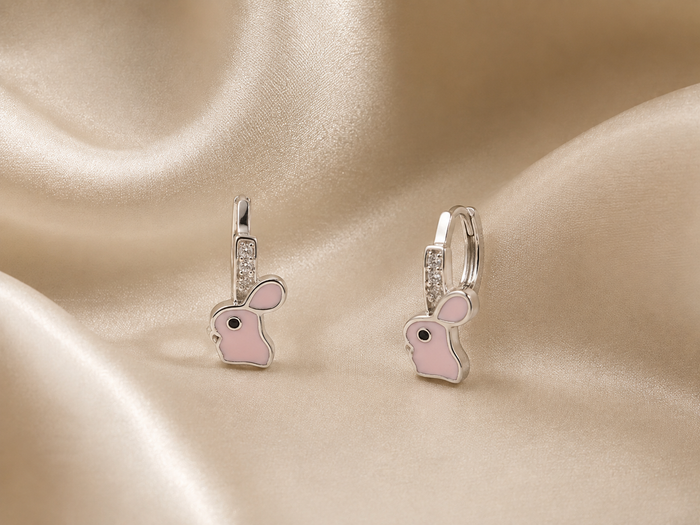 Silver Pink Enamel Bunny Charm Huggies