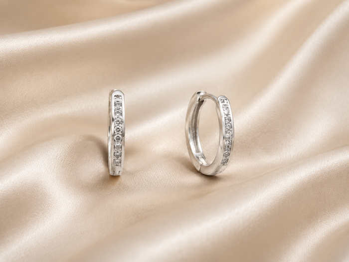 Silver Single-Row Pave Huggie Hoops