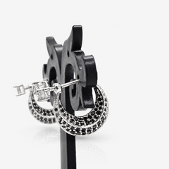 Silver Black CZ Crescent Hoop Earrings