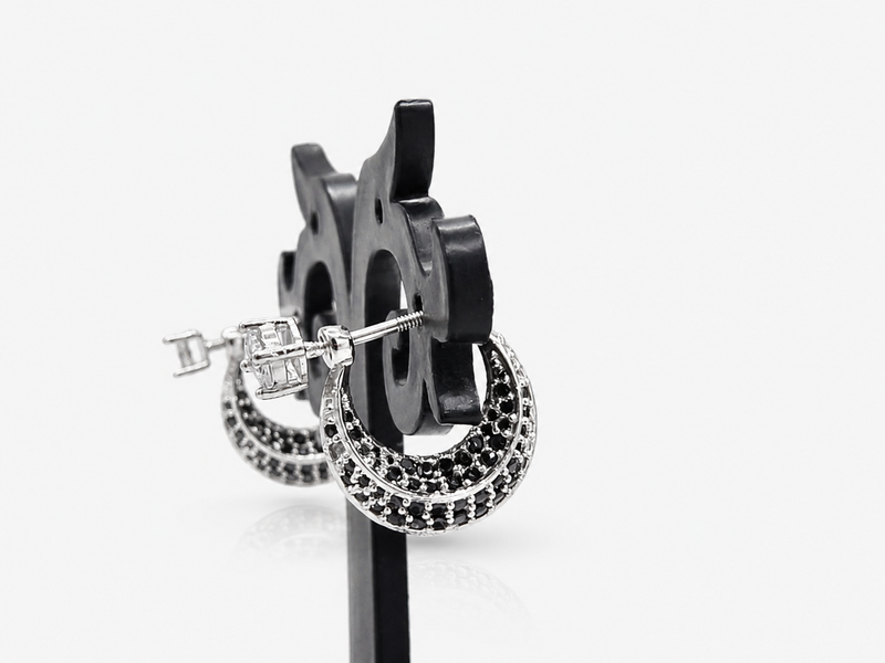Silver Black CZ Crescent Hoop Earrings