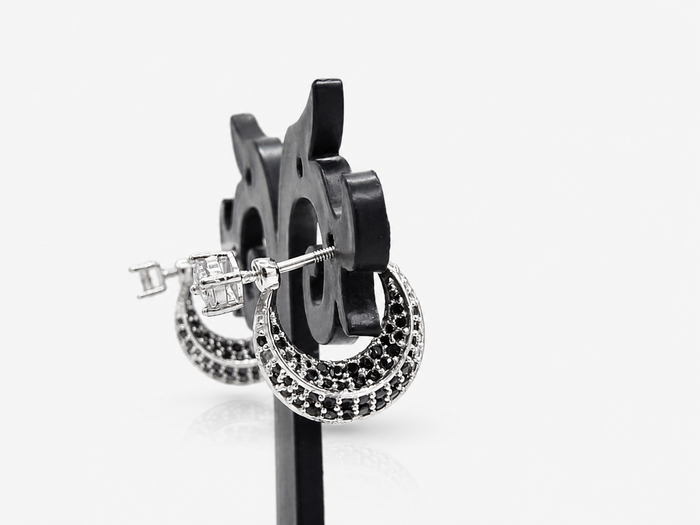 Silver Black CZ Crescent Hoop Earrings