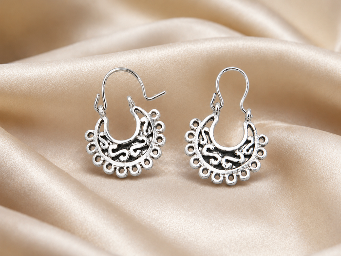 Oxidised Silver Beaded Filigree Bali Hoops