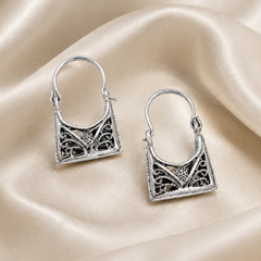 Oxidised Silver Filigree Potli Hoop Earrings
