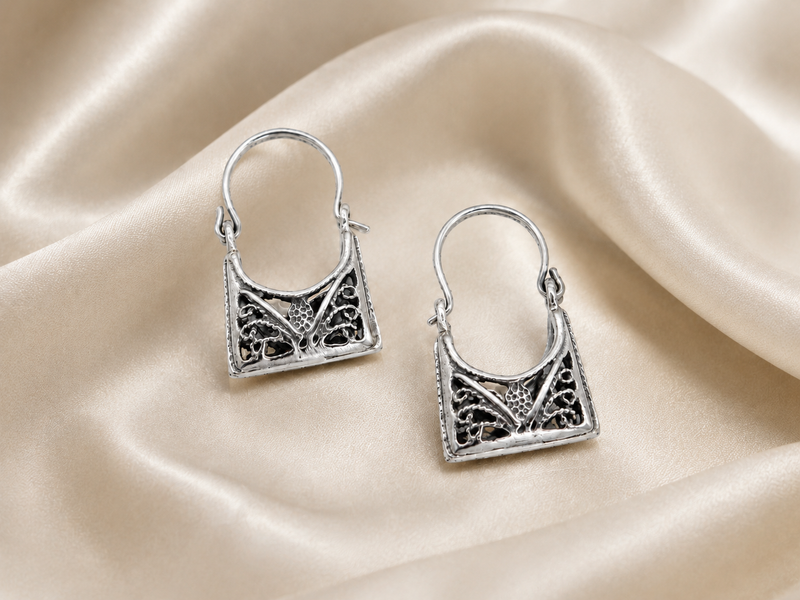 Oxidised Silver Filigree Potli Hoop Earrings