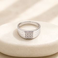 Silver Men's Square Pave Panel Ribbed Ring