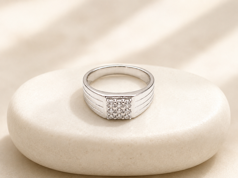 Silver Men's Square Pave Panel Ribbed Ring