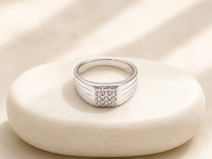 Silver Men's Square Pave Panel Ribbed Ring