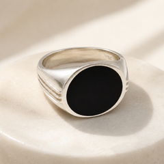 Silver Men's Black Onyx Oval Signet Ring