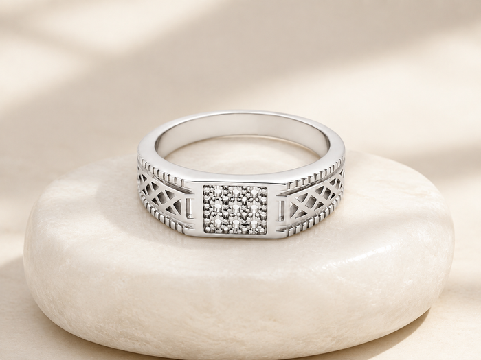 Silver Men's CZ Panel Lattice Band