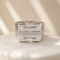 Silver Men's Geometric Openwork CZ Ring