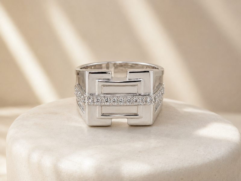 Silver Men's Geometric Openwork CZ Ring