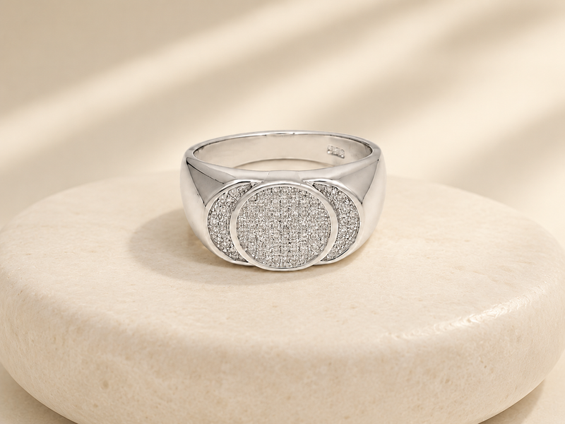 Silver Men's Round Pave Disc Signet Ring
