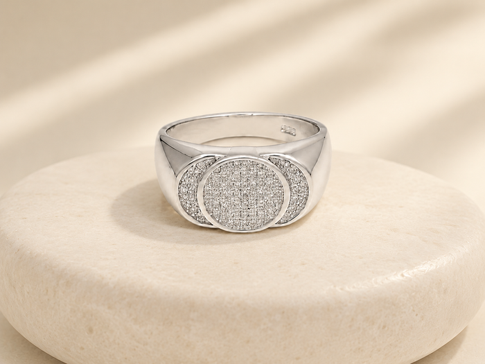 Silver Men's Round Pave Disc Signet Ring