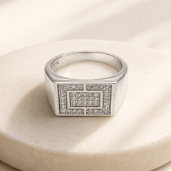 Silver Men's Pave Frame Rectangle Signet Ring