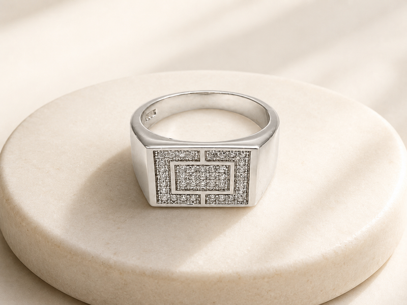 Silver Men's Pave Frame Rectangle Signet Ring