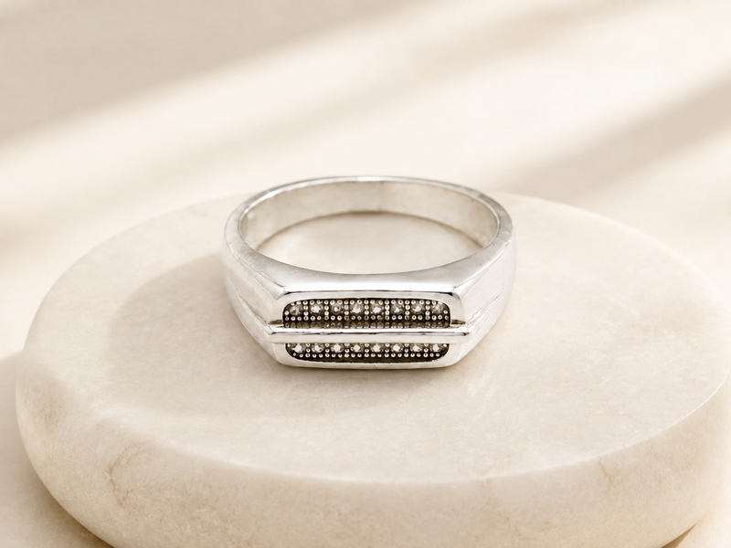 Silver Men's Black CZ Inlay Band Ring