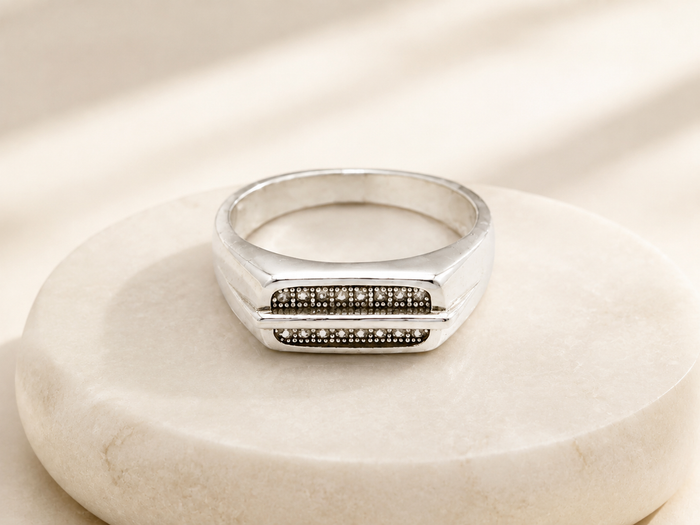 Silver Men's Black CZ Inlay Band Ring