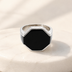 Silver Men's Black Onyx Octagon Signet Ring