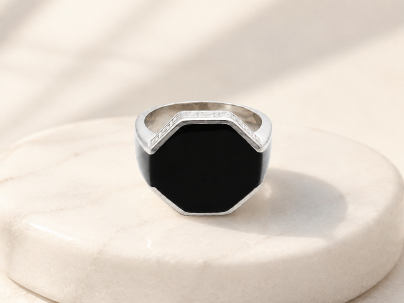 Silver Men's Black Onyx Octagon Signet Ring